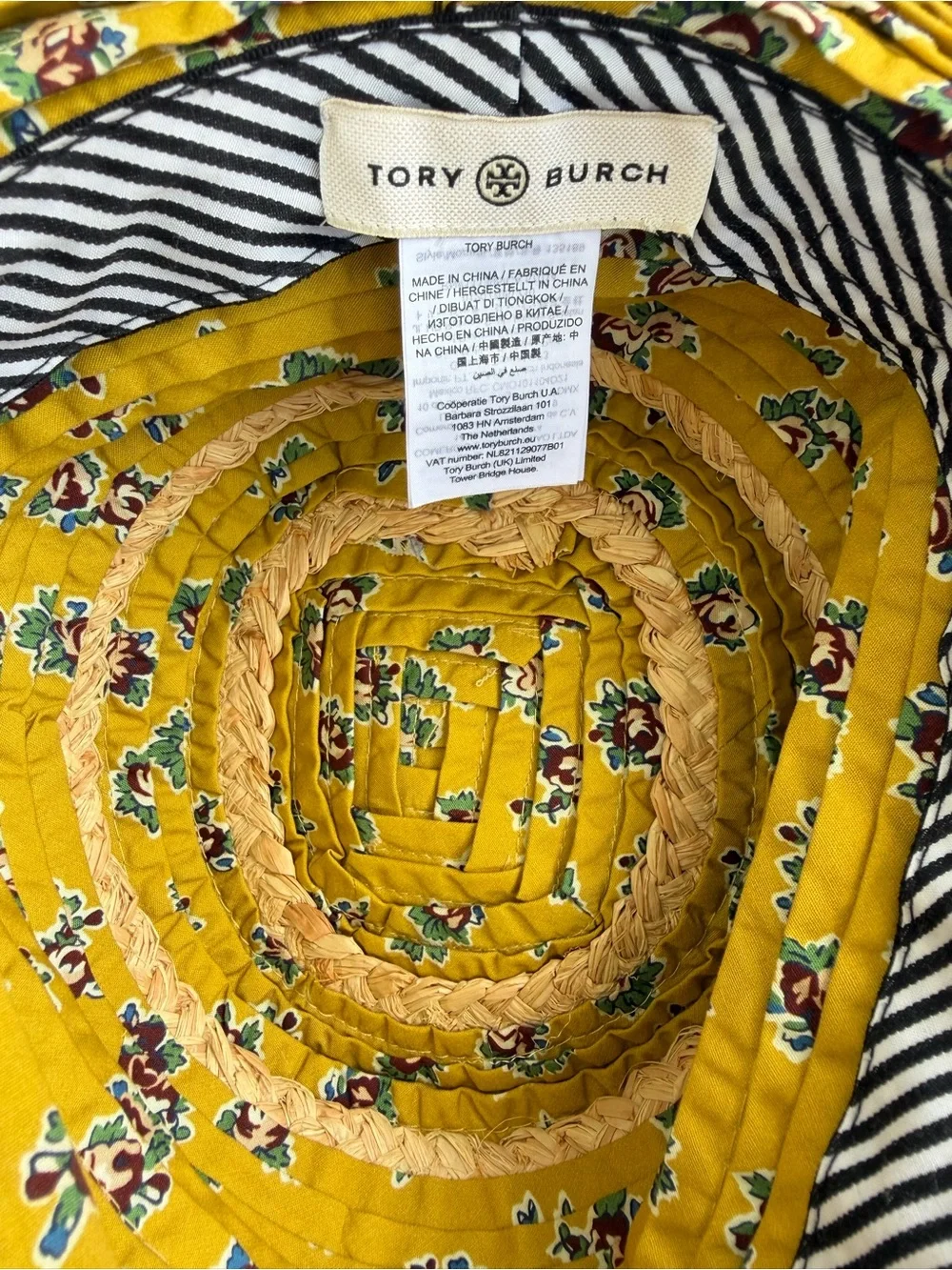 Rare Tory Burch Early 2010s Floral Raffia Wide Brim Sun Hat Tie Strap OS